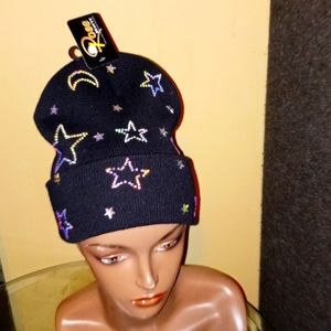 🆕 Black/holographic bedazzled stars/moon beanie hat by: ROSE BEAUTY @*SEE PICS*